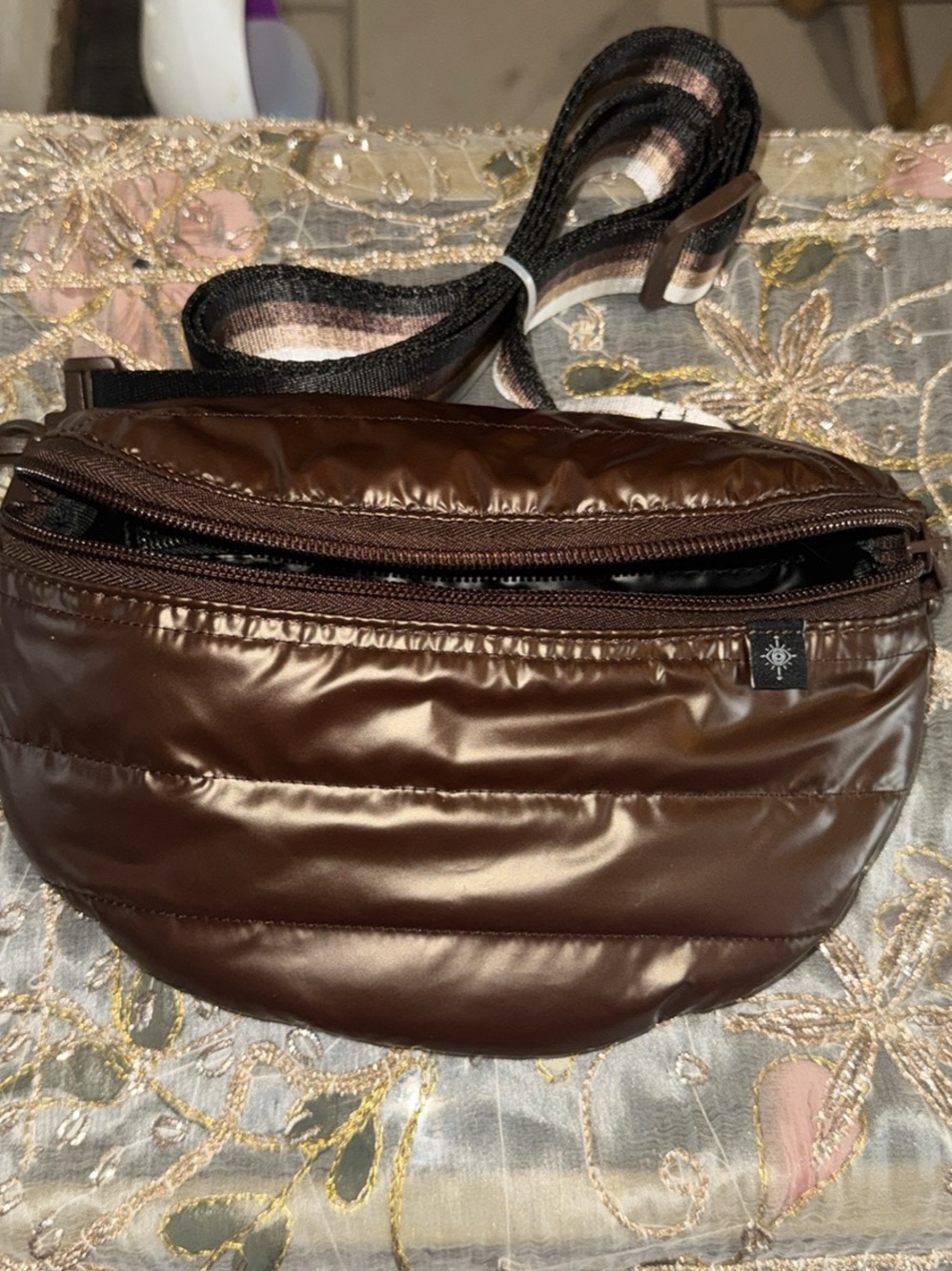 & Other Stories Quilted Brown Fanny pack or crossbody with Striped Strap